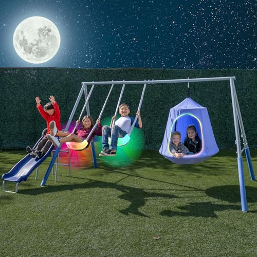 Sportspower Shooting Star Swing Set for Kids - 500lbs Capacity, LED Swings & Hanging Tent, 5ft Slide, 6.1ft Steel Frame, Bonus Anchor Kit - Ages 3-8 Outdoor Playset for Nighttime Play