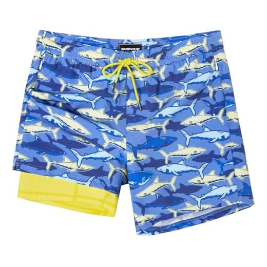 SURF CUZ Calção de banho masculino com forro de compressão 12,7 cm, shorts de banho de secagem rápida, calção de banho com bolsos com zíper, Tubarão colorido azul, GG