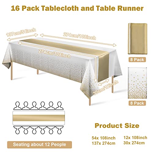 16Pack Disposable Plastic Tablecloths And Satin Table Runner Set White And Gold Dot Tablecloth Gold Satin Table Runner For Wedding Birthday Baby Shower Anniversary Christmas New Year Party Decorations #TOP1
