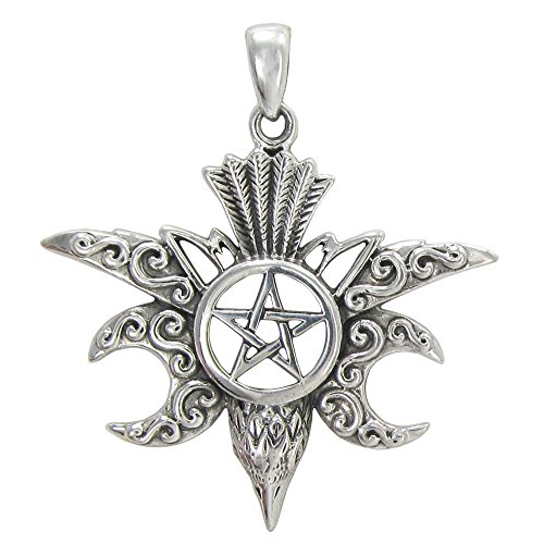 Moonlight Mysteries Morrigan Raven Pentacle Pendant - Sterling Silver Moon Crow Wiccan Pentagram Jewelry (1 1/4 Inch Tall)