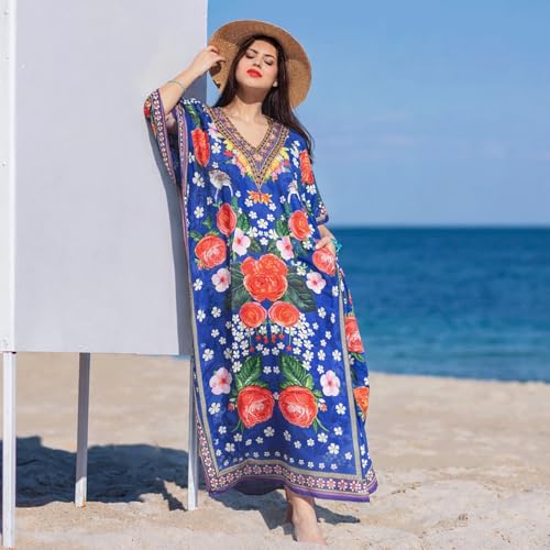 Image of Miss Lavish London Blue Floral Kaftan Dresses for Women V Neck Batwing Sleeve Maxi Beach Cover Up, Ethnic Print Plus Size Caftan with Side Slits & Pockets, Womens Resort Wear Swim Coverup-Blue-XL