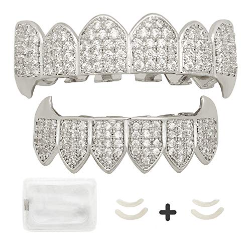LuReen Diamond Teeth Grillz Gold Vampire Fangs CZ Grillz for Men Women Top Bottom Grillz + 2 Extra Molding Bar