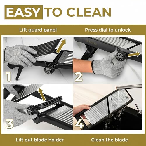 Image of Gramercy Adjustable Mandoline Food Slicer, Mandoline Slicer for Kitchen, Mandolin, Potato, Tomato, Carrot, Vegetable, Fruit and Onion Cutter, Stainless Steel, INCLUDING Cut-Resistant Glove, Black Lite