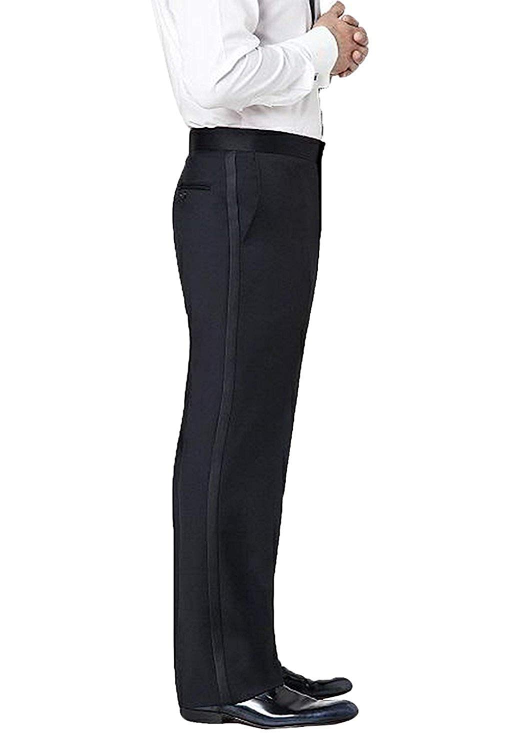 Yyi Men's Black Flat Front Satin Stripes Tuxedo Classic Pants