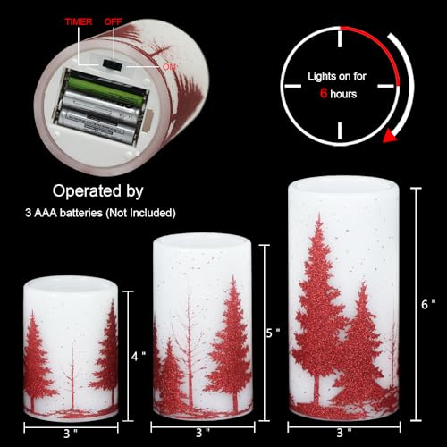Image of KunSween Red Christmas Tree Flameless Candles with 6H Timer, 3 Pack LED Flameless Candles Battery Operated Real Wax, Christmas Candle for Winter Holiday Decorations for Home(D3 x H4 5 inch 6 inch)