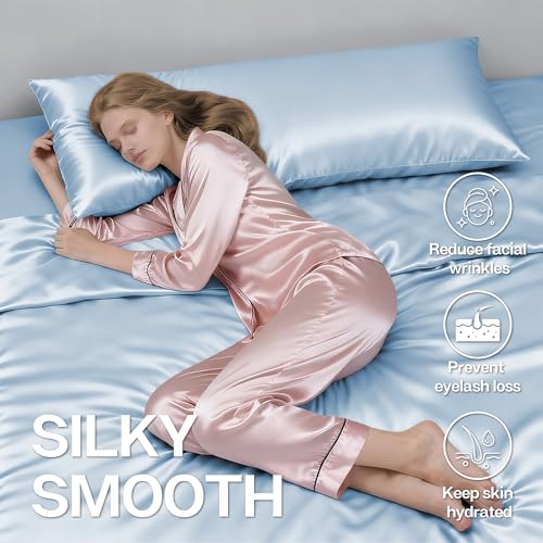 Image of MR&HM Satin Body Pillow Cover, Soft and Breathable Body Pillow Case with Envelope Closure, Cooling and Silky Long Pillowcase for Hair and Skin,Grey (20x54, Light Blue)