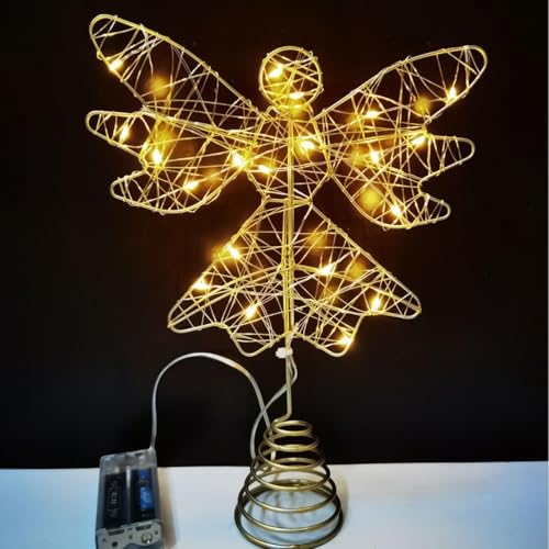 qixeuoa Ángel dorado con punta de árbol, LED dorado, decoración para el árbol de Navidad, figura decorativa para balcón, fiesta, salón, dormitorio, jardín, terraza, patio