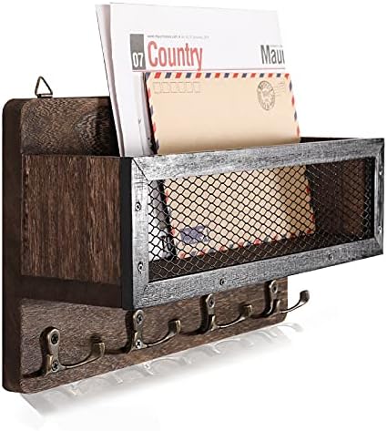 ADIIL Mail and Key Holder for Wall Decorative, Wooden Wall Key Rack Organizer with 4 Double Key Hooks, Wall Mount Key Hanger for Wall with Shelf, Rustic Home Decor for Entryway Hallway, Brown
