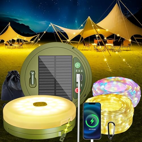 wisdom line Lampe de Camping Solaire IP65 avec Guirlande Lumineuse LED 10M, 8 Modes d'Éclairage,...