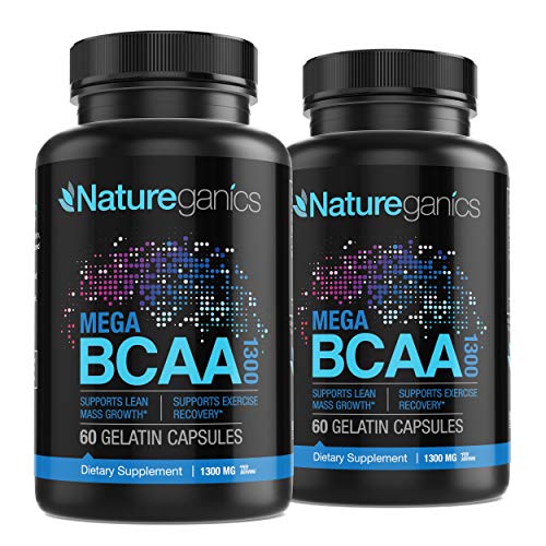 MEGA BCAA 2PK Branched Chain Amino Acids  Multiuse Natural Preworkout Bcaas for Mental Clarity and Faster Muscle Recovery, 1300 mg, 120 Capsules by Natureganics