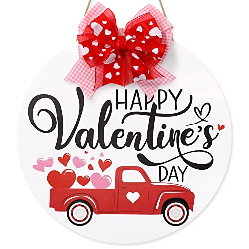 Valentines Day Door Sign Happy Valentines Day Wooden Decor Farmhouse Round Hanger Red Heart Truck Front Wall Sign Rustic Holiday Romantic Home Decoration Festive Ornament Ideas Supplies 12 Inches