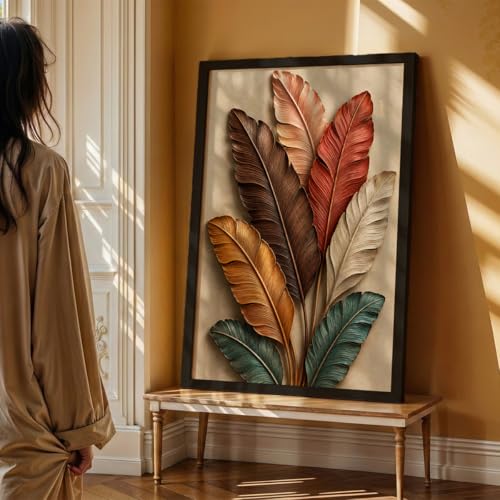 Image of NoWorries 3D Colorful Leaf Wall Painting with Frame Set of 1 | Premium Textured Botanical Leaves Artwork, Luxury Nature Wall Decor for Living Room, Bedroom, Office and Home Decoration (3d Art-17,17x25inch)