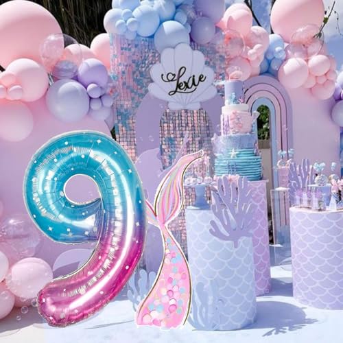 Image of Mermaid Starry Number 9 Balloons, 40 Inch Large Purple Blue Pink Foil Number Balloons Set 0-9 for Girls, Globos de Numero 9 Helium Balloon for 9th Age Birthday Anniversary Party Decorations Supplies