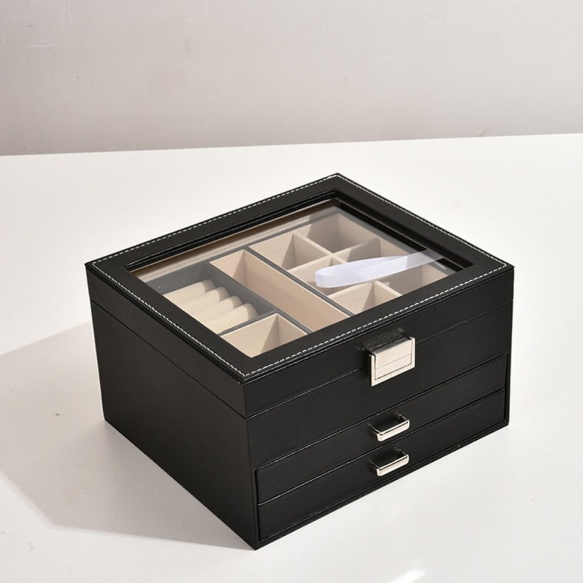 Caja de Joyas de 3 Capas, Organizador de Mesa Negro para Anillos
