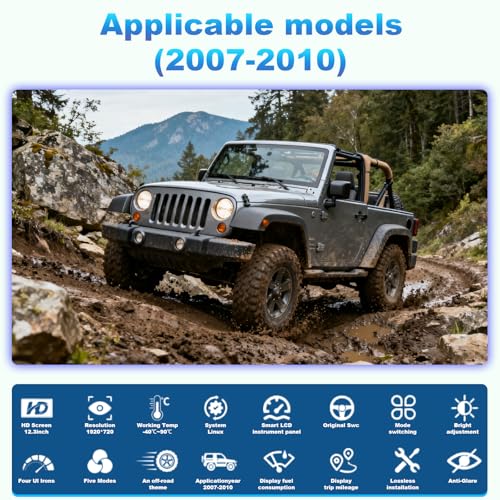 Image of Digital Instrument Cluster Display for Jeep Wrangler 2007-2010 | 12.3 inch HD Screen 1920*720, 2S Fast Boot, Plug&Play, Non-Destructive Install, OTA Upgrade, 6 Mode 4 Color, Speedometer Upgrade