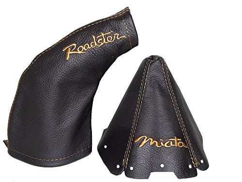 The Tuning-Shop Ltd for Mazda MX-5 MK2 1998-2005 Shift & E Brake Boot Black Genuine Leather TAN Miata & Roadster Embroidery