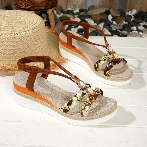 Womens Wedge Sandals Flower Low Heel Open Toe Sandals Elastic Ankle Strap Fashion Summer Casual2