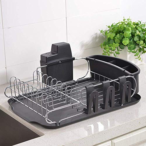 Loclgpm Rust-Proof Kitchen Draining Dish Drying Rack, Dish Rack with Black Drain Board, 3 Independent Cup Holder Accessories, 1 Wide Tableware Rack and Knife Holder Accessory