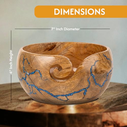 Image of Cute Wooden Yarn Bowl for Crocheting, 7x4inch Large Mango wood Crochet Holder Gift Accessories and Knitting Gadgets Supplies Handcrafted with Fractal Wood Burning & Blue Resin Inlay (M-Blue)