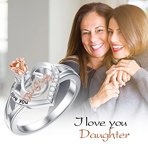 POPKIMI Gifts for Daughter with Rose Flower 925 Sterling Silver Ring - Daughter Birthday Gifts Jewelry Love Heart Ring2