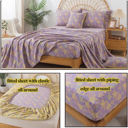 Image of FADFAY Beach Theme Sheets Set King Purple Yellow Starfish Ocean Bedding Coastal Nautical Bedding Super Soft Washed Double -Layer Muslin Sheets 100% Cotton Deep Pocket Fitted Sheet 4Pcs, King Size