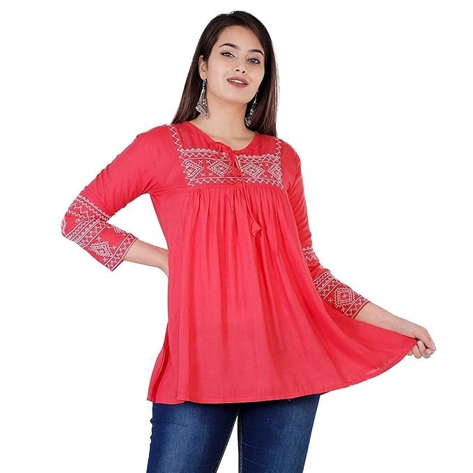 Image of Avayayat Women's Rayon Classic Heavy Embroidery Top with Beautifull Tassels at Front and on Both Sleeves Regular Fit Office Wear Festival Tunic Jeans Summer