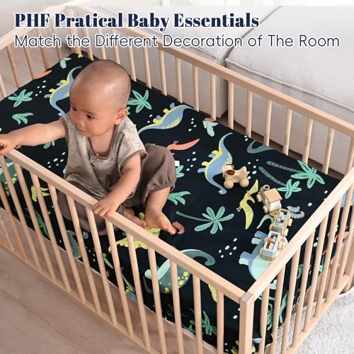 Image of PHF 4 Pack Soft Dinosaur Crib Sheets Fitted, Comfy Breathable Baby Sheets for Boys Girls, 28x52 Inches Fits Standard Crib and Toddler Mattresses, Dinosaur
