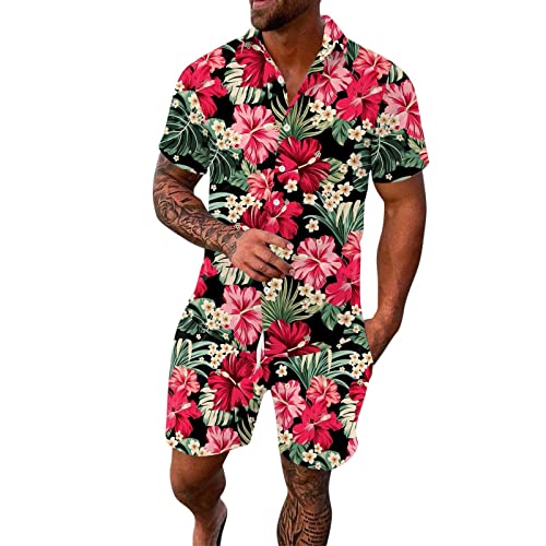 Mymyguoe Camisa hawaiana para hombre, traje de verano, informal, flamenco, camisa de playa, sin planchado, sin botones, manga corta, camiseta hawaiana y pantalones cortos, juego de camiseta de