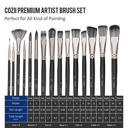 Cozii Art Paint Brushes Set, 15 Different Sizes Acrylic Paint Brushes + 1 Painting Knife + 1 Sponge for Acrylic Oil Watercolor and Gouache Paint, Perfect for Artists, Kids, Adults