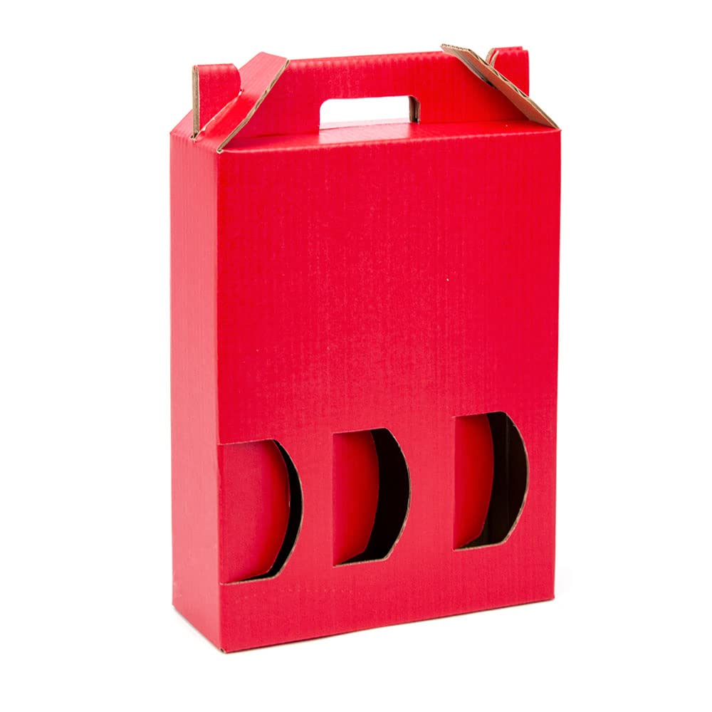 Packung 10 Boxen aus Karton für 3 Flaschen Wein, Sekt, Champagner oder Likör rot, selbstmontierendes Modell mit Fenster für sehr originelle Flaschenverpackung.