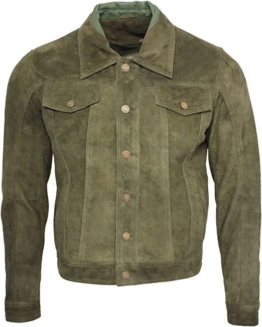 Image of Vintage Trucker Suede Leather Jacket Men - Classic Denim Biker Cafe Racer Causal Western Jacket