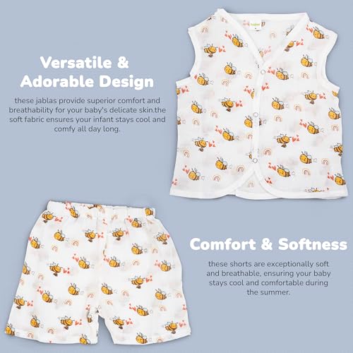Image of BAYBEE 100% Muslin Cotton New Born Baby Clothes for Kids | Sleeveless Summer Wear with Soft & Breathable | Shirt and Shorts Set | Jablas for Baby Girl Boy Dress