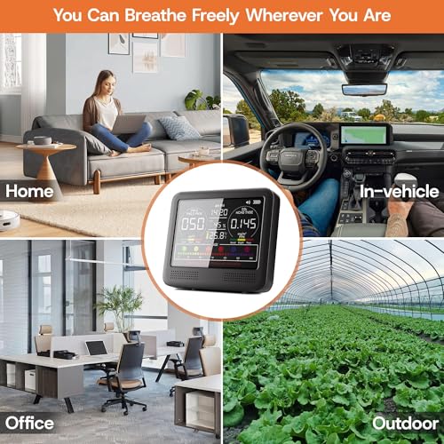 Image of 16-in-1 Indoor Air Quality Monitor with PM1.0,PM2.5,PM10,CO2,HCHO,TVOC,Temperature,Humidity,Time Display &7 AQI Alarms - Professional Air Quality Tester for Home, Office & Indoor Use (Shinning Black)