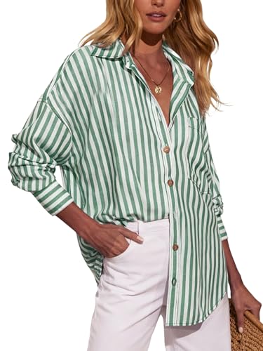 Image of Dressmine Cotton Button Down Shirts Womens Striped Blouse with Pocket Lapel Neck Long Sleeve Casual Fit Top Green L