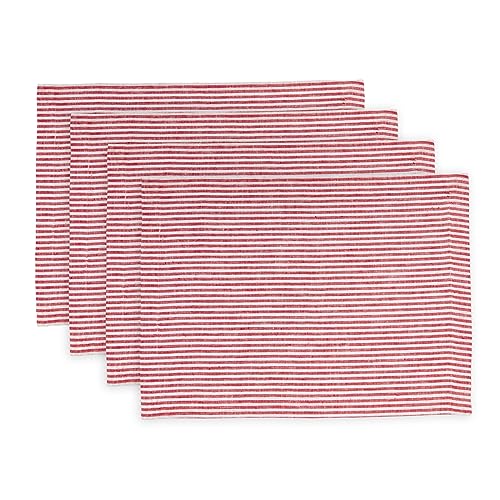 Solino Home Cloth Placemats Set of 4 - Narrow Stripe 100% Pure Linen Red and White Farmhouse Placemats 14 x 19 Inch for 4th of July, Father's Day, Summer