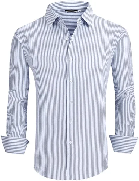 Damipow Mens Cotton Dress Shirts Striped Casual Shirts for Men Button Down Shirt,Blue,M