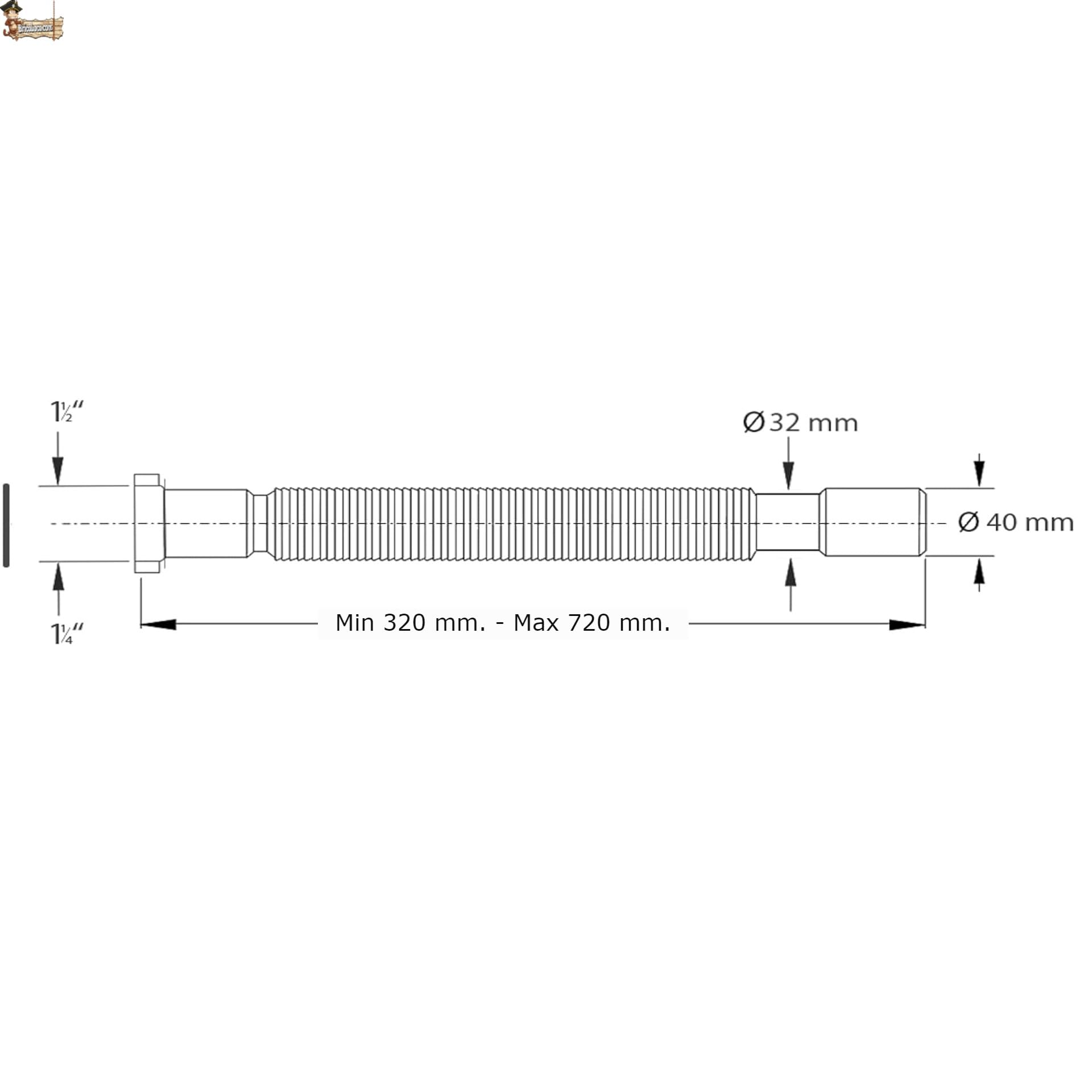 BricoLoco.com Sifón desagüe tubo flexible y extensible. UNIVERSAL de 1-1/4” ó 1-1/2”, y salida de 32 ó 40 mm. Para lavabo, fregadero, bidé, baño ó cocina. Manguera desagüe blanco. (1) - 3
