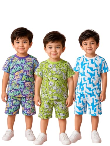 Image of UZARUS Kids Boys' Printed T-Shirt and Shorts Combo Set | Comfortable Summer Wear | Daily Casual Outfit | (Pack of 3)