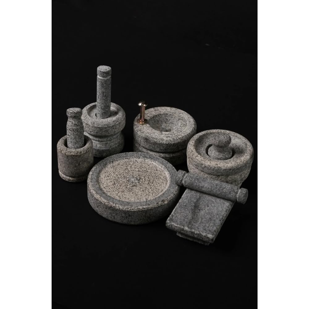 80s COOKWARE Stone Miniature Kitchen Set – Medium Size, Set of 6 | Free Manjal Stone | Toy Playset for Kids | Ideal for Pooja, Grahapravesam, Grinding & Traditional Home Decor