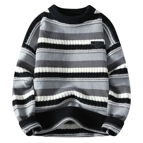 Men Crew Neck Knit Stripe Sweater Long Sleeve Loose Casual Warm Pullover Jumper Tops
