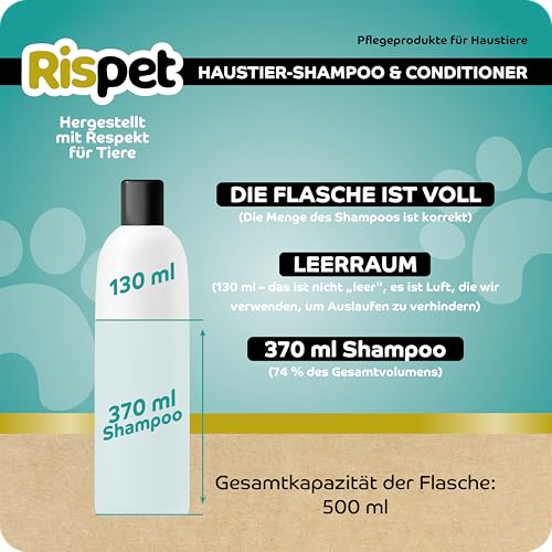 RISPET Shampoo und Spülung, Avocado und Seide, Wasch- und Desinfektionsmittel für Hunde und kurzhaarige Tiere, Zarte Formel ohne Allergene und ausgeglichener pH-Wert, Talkum-Duft, 370 ml