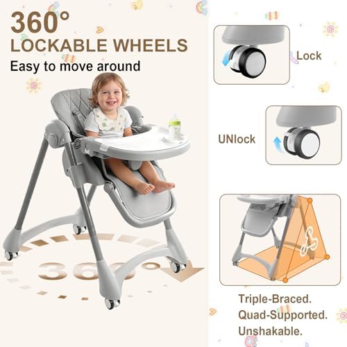 Baby High Chair with Wheels,Convertible High Chairs for Babies and Toddlers - 3