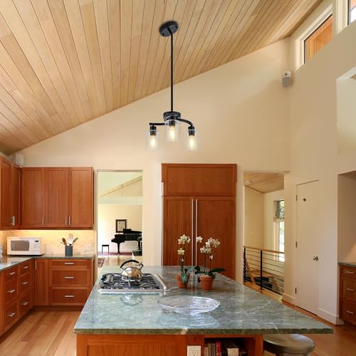 SHIGUANG Black Chandelier, 3 Light Chandeliers for Dining Room Light Fixtures Over Table, Industrial Hanging Pendant Lighting with Glass Shade for Kitchen Island Farmhouse Entryway