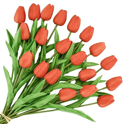 Image of ONLY ART Artificial Burnt Orange Tulips 20 Pcs - 13.5 Inch PU Faux Flowers with Bendable Stems for Home Decor, Wedding Centerpieces, DIY Floral Arrangements, New Year and Valentine's Day