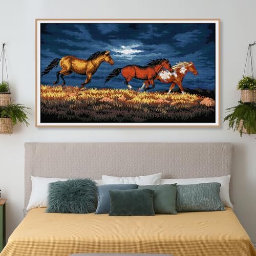 Image of Qeerysew Cross Stitch Kits Stamped Full Range of Embroidery Starter Kits for Beginners DIY- Printed kit Galloping Horse(Printed) 11CT29.9x18.9inches