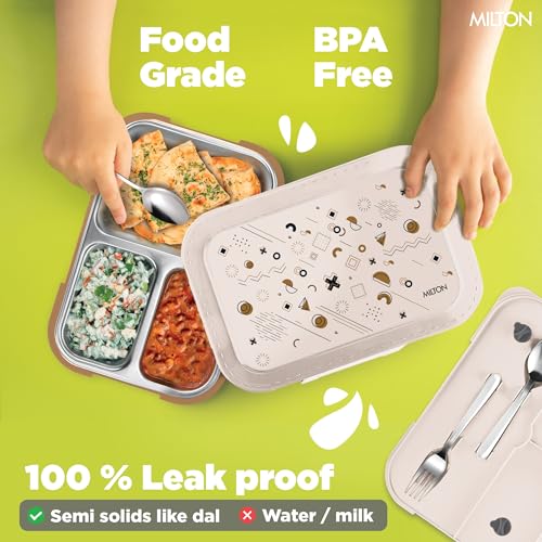 Image of MILTON Bravo 3 Inner Stainless Steel Tiffin Box for School, 3 Partition, Steam Release Plug| PU Insulated, Leak-Proof, Food Grade I Lunch Box for Kids Boys, Girls with Snap Lock Lid, 600 ml, Ivory