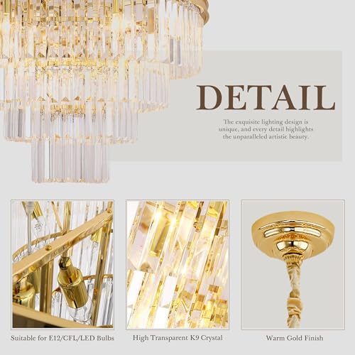 MEELIGHTING Gold Plated Crystal Modern Contemporary Chandeliers Pendant Ceiling Light 4-Tier Chandelier Lighting for Dining Room Living Room Bedroom Girls Room Dia 18"