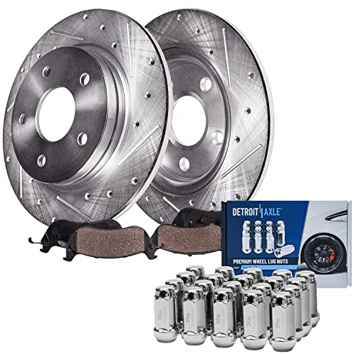 Image of Detroit Axle - Rear Brake Kit for Ford 2011-2019 Explorer 2009-2019 Flex | 2010-2019 Taurus Lincoln 2009-2012 MKS 2011-2012 Edge MKX, Drilled Slotted Rotors Ceramic Brake Pads 20pc Lug Nuts: 12.99 inch in