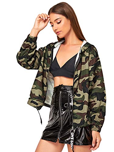 Romwe Women's Casual Camo Thin Long Sleeve Zip Up Lightweight Outwear Bomber Crop