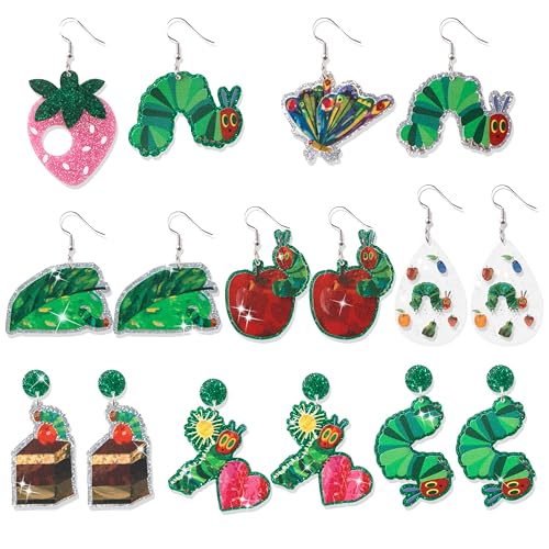 Hungry Caterpillar Drop Earrings - 8 Pairs Summer Cute Caterpillar Butterfly Sparkling Glitter Acrylic Drop Dangle Earrings, Funny Insect Ear Jewelry for Girls Women Teacher Aesthetic Gifts